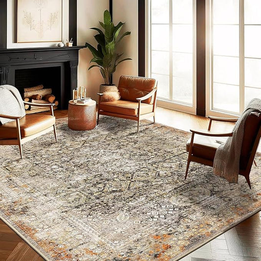 Area Rug 6'x9' Washable Vintage Traditional Floor Cover Thin Retro Kitchen Indoor Distressed Non Slip Carpet Floral Print Mat for Living Room Bedroom Dining Room