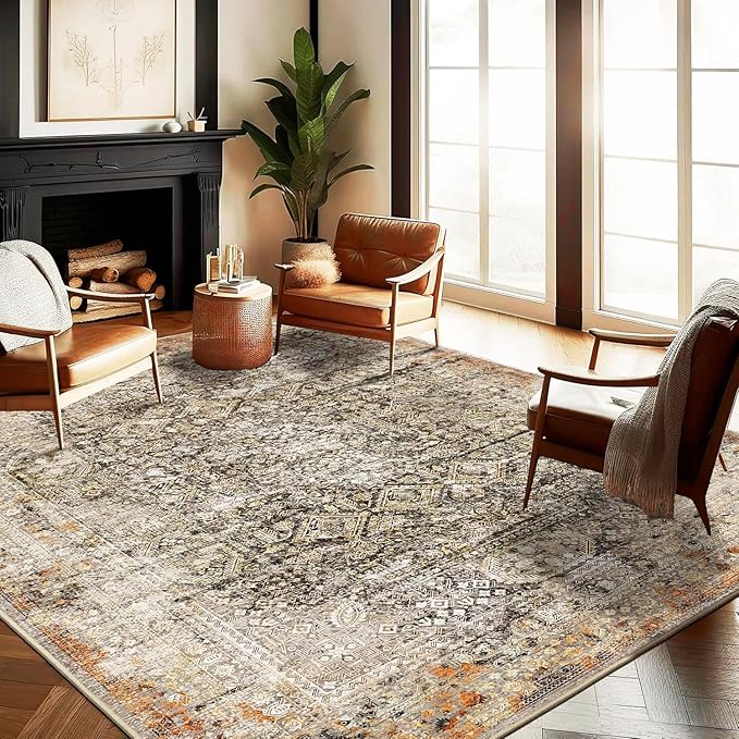 Area Rug 8'x10' Washable Vintage Traditional Mat Distressed Indoor Foldable Thin Retro Accent Floral Print Non Slip Carpet for Living Room Dining Room Office Large Carpet