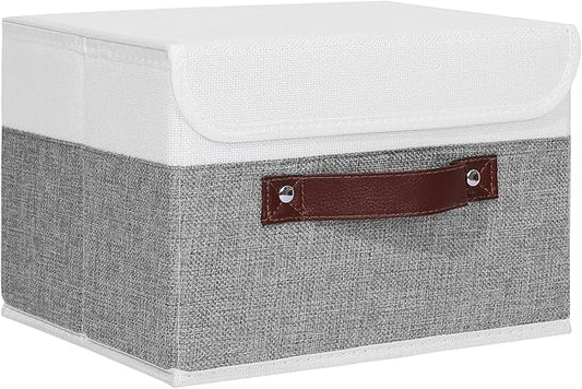 ANMINY Storage Boxes with Lids Washable Decorative Storage Bins Basket with PU Leather Handle Foldable Linen Fabric Storage Cubes Containers for Home Closet Organizer - Gray White, Small Size