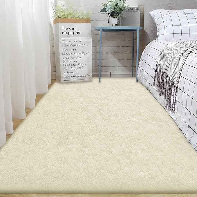 2x6 Runner Rug for Bedroom: Fluffy Shag Soft Washable Rugs Small Fuzzy Plush Indoor Carpet for Hallway Bedside Dorm Kids Girls Boys Room (Cream White, 2'x6')
