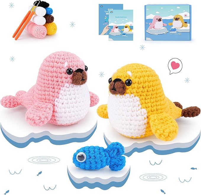 Crochet Kit for Beginners - Seal Crochet Kits with Step-by-Step Video Tutorials, Beginner Crochet Kit for Adults Kids, Crochet Animal Kit, 2 PCS Seals with a Fish Crocheting Set