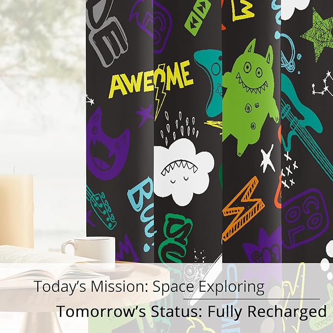 Kids Teen Graffiti Space Blackout Curtains - 100% Blackout, Thermal Insulated, Noise Reducing, Perfect for Kids Room and Nursery, 2 Panels (Graffiti Space Vibes, W52×L84)