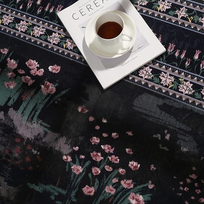 Circle Rug Impressionist-Style Vintage Round Rug 4ft Non Slip Low Pile Small Circular Rug for Bedroom Bathroom Entryway Kids Room Office College Dorm, Black