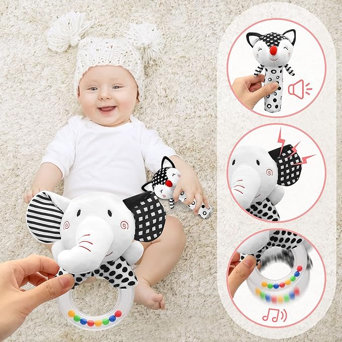 Baby Rattles 0-6 Months Newborn Toys Infant Toys 0-3 Months Rattles for Babies 0-6 Months Baby Toys 0-6 Months, Black and White High Contrast Plush Stuffed Baby Toys for 0 3 6 9 12 Months Girls Boys