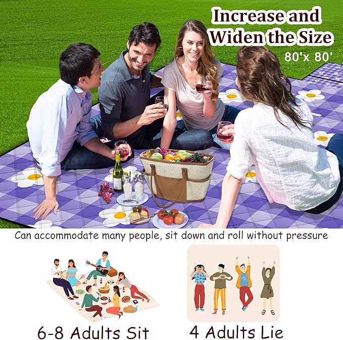 Extra Large Picnic Blanket Waterproof,80"x 80"Foldable Machine Washable Beach Blanket,Outdoor Blanket for 6-8 Adults,Suitable for Indoor Crawling,Park Beach,Camping,Hiking,Family Travel(Purple)