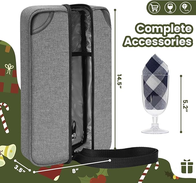 ALLCAMP Wine Bag - Insulated Cooler Bag with Wine Glasses, Bottle Opener & Wine Accessories for Wine Lovers - Portable Wine Gift Bag for Travel, Picnics, and Gift Ideas(Gray)