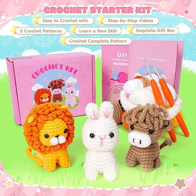 Crochet Kit for Beginners, Amigurumi Crochet Animal Kits, Crocheting Kit for Starters Adult Kids with Step-by-Step Video Tutorials, Animal Kits with Highland Cow, Lion, Bunny