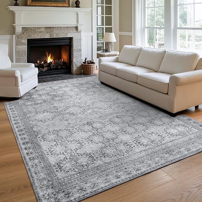 6x9 Washable Area Rug Non Slip, Faded Grey Living Room Rugs Low Pile, Thin Vintage Floral Carpets, Indoor Large Distressed Print Carpet for Bedroom Dining Room Farmhouse Home Office College Dorm