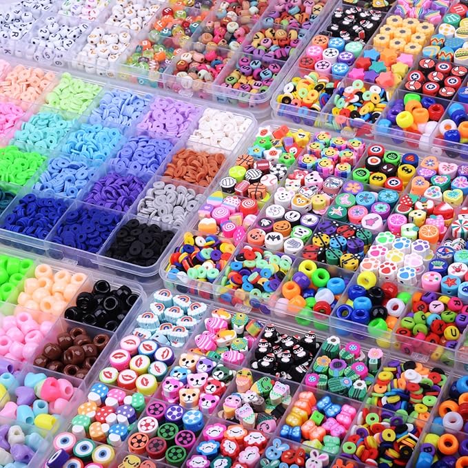 Christmas Gift Set,10000PCS Polymer Clay Beads Bracelet Making kit, Cute Fun Beads Fruit Flower Animal Cake Butterfly Heart Beads Charms for Jewelry Making DIY Accessories for Children Girls