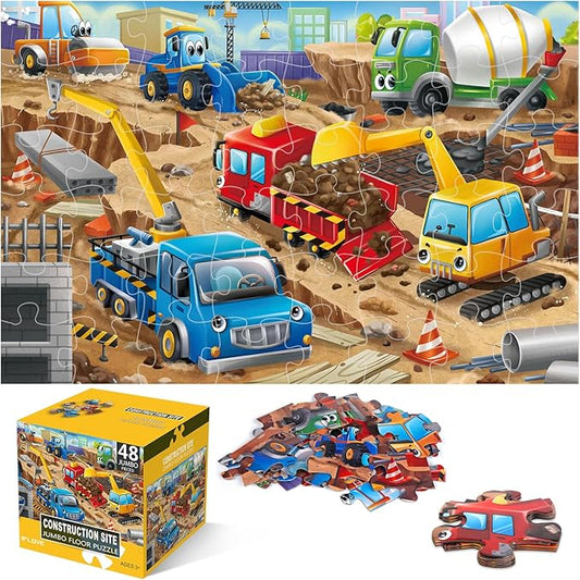 Jumbo Floor Puzzle for Kids,Construction Site Jigsaw Large Puzzles,48 Piece Construction Vehicle Puzzle for Toddler Ages 3-5,Children Learning Preschool Educational Toys,Gift for 4-8 Years Old