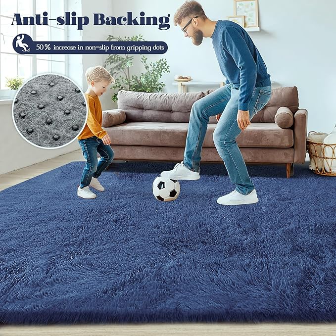 6x9 Area Rug for Living Room: Fluffy Shag Soft Washable Rugs Large Fuzzy Plush Indoor Carpet for Bedroom Nursery Playroom Kids Girls Boys Room (Navy Blue, 6'x9')