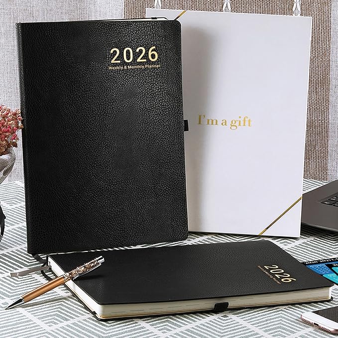 2026 Planner - JAN 2026 - DEC 2026, Planner Weekly and Monthly, Calendar Planner, 8.5" x 11", Leather Cover Planner with Thick Paper, Back Pocket with Notes Pages, Black