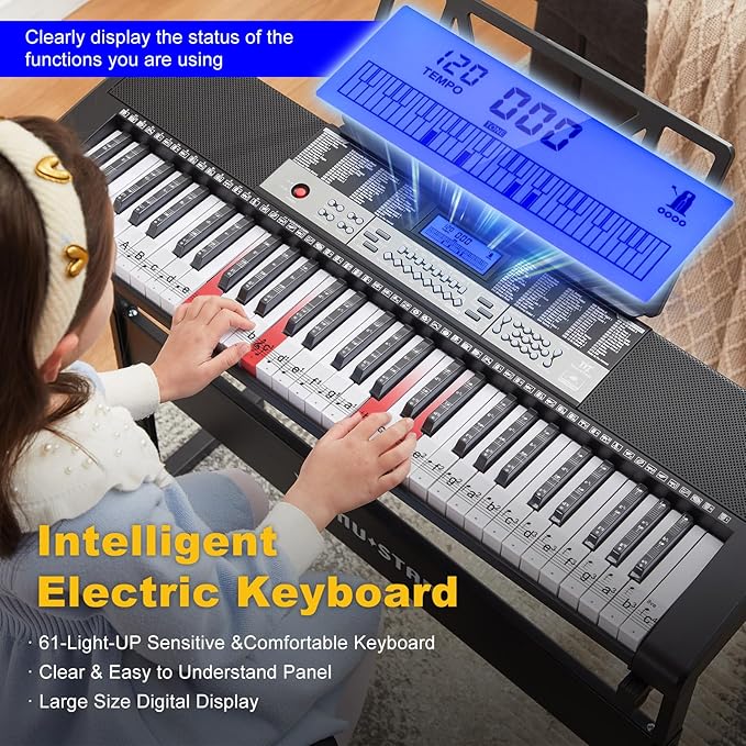 61 Key Piano Keyboard, Electric Keyboard Piano with Light-Up Keys, 255 Tones/Rhythms, Smart Learning System, Headphone, Microphone, Keyboard Stand, Stool, Stickers, Piano Keyboard Set for Beginners
