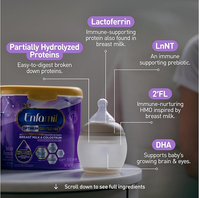 Enfamil Optimum Gentlease Baby Formula, Our Closest Formula to Breast Milk For Fussiness, Crying, Gas & Spit-up, Immune-Supporting Lactoferrin also found in Breast Milk, 19.5 Oz