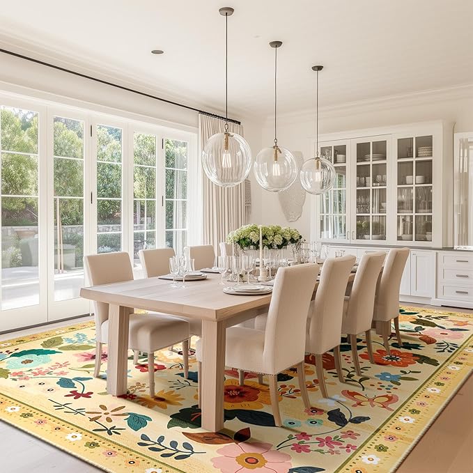 Floral 6x9 Area Rug Machine Washable Soft Print Boho Carpet Non Slip Doormat Low Pile Flower Area Rugs for Living Room Bedroom Nursery Kitchen Dining Room Indoor-Ivory/Yellow