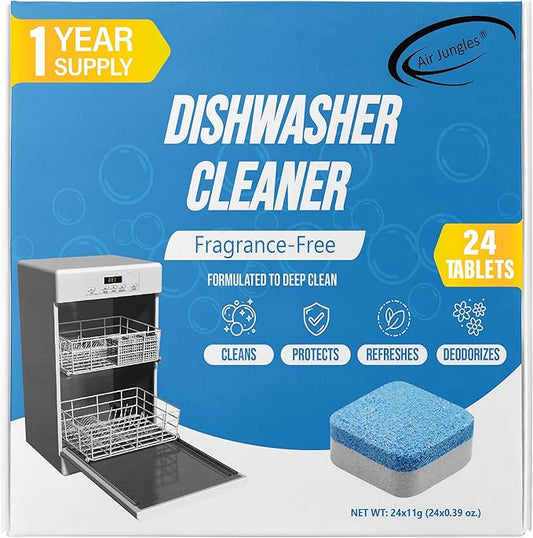 Air Jungles Dishwasher Cleaner Tablets 24 Count, Fragrance Free, Deep Cleaning Descaler Pods, Clean Dishwasher Machine, Remove Limescale, Hard Water, Calcium, Odor, 12 Month Supply