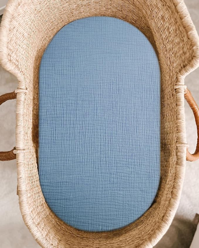 Bassinet Sheet for Baby Boy and Girl, Fitted Sheets for Rectangle, Oval, Hourglass Bassinet Mattress, Muslin Moses Basket Sheets with Neutral Style (Costume Blue)