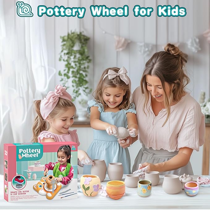 Kids Pottery Wheel Kit - Mini Pottery DIY Kit & Tools for Beginners with Clay and Sculpting Tools, Complete Painting Kit Supplies Arts and Crafts Toys Gifts for Kids 4-6 6-8 8-12 Year Old Boys Girls