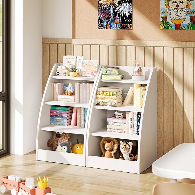 Kids Bookshelf and Toy Organizer,4 Tier Kids Book Shelf for Kids Rooms,Wood Children Bookcase,Baby Storage Book Rack,Toddler Bookshelf,Toy Storage Organizer,Book Display Shelf for Playroom, Nursery