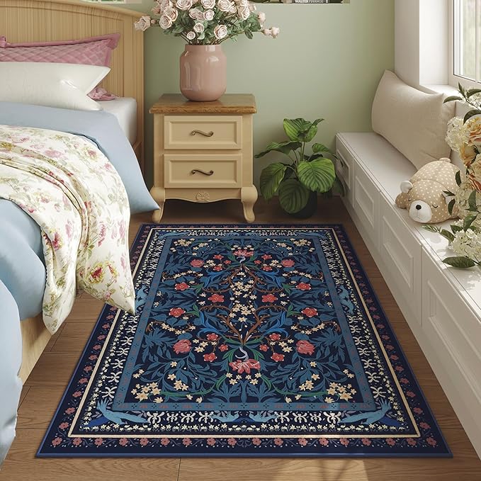 Area Rug 4x6 Rug Washable Vintage Floral Botanical Rugs Non Slip Low Pile Small Carpet for Bedroom, Bedside, Kids Room, Office, Dining Room, Blue
