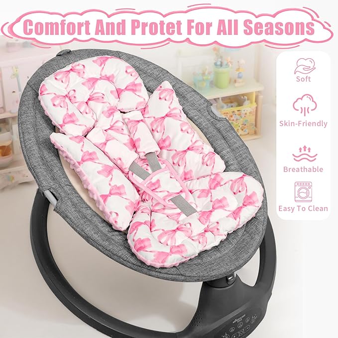 Infant Car Seat Insert, Soft Baby Car Seat Head & Body Support for Girl Boy, Reversible Newborn Preemie Carseat Insert Cushion with 3 Straps Pads, Fits Car Seat, Stroller, Swing, Bouncer, Pink Bow