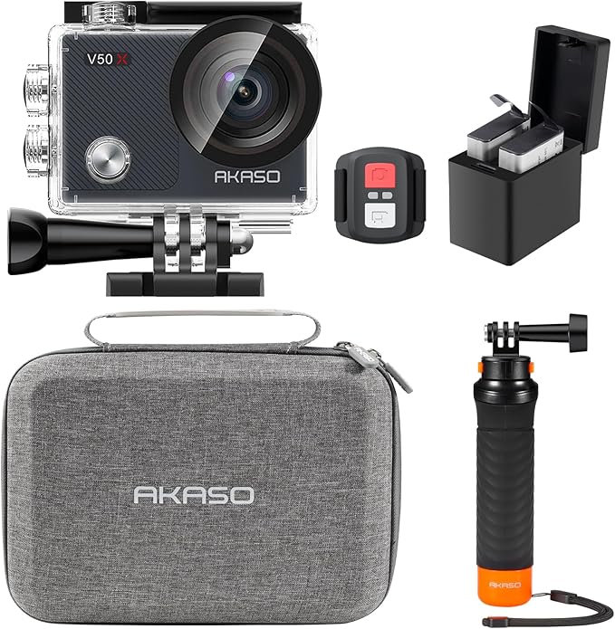AKASO V50X Native 4K30fps WiFi Action Camera with EIS Touch Screen 4X Zoom 131 feet Waterproof Camera Support External Mic Remote Control (with Floating Hand Grip and Carry Bag)