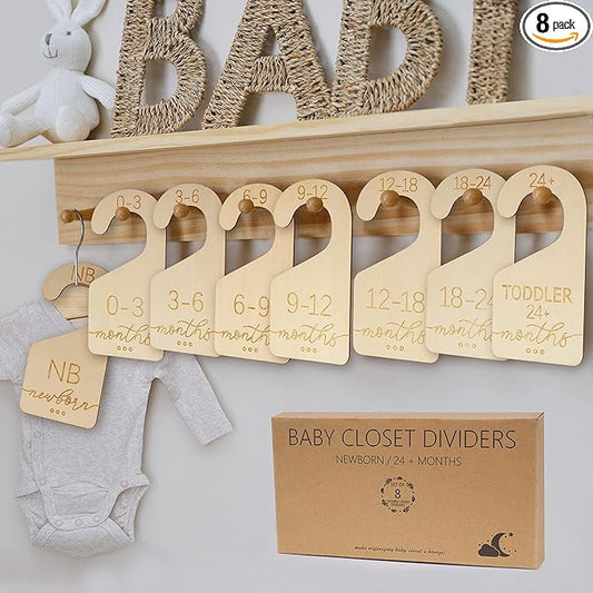 Baby Closet Dividers for Clothes Organizer - Set of 8 Beautiful Wooden Double-Sided Baby Clothes Size Organizer from Newborn to 24 Months for Nursery Decor