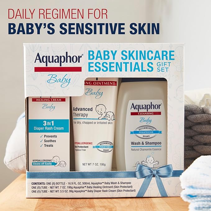 Aquaphor Baby Skin Care Essentials Gift Set with Baby Wash and Shampoo (16.9 Fl Oz) + Healing Ointment for Chapped Skin and Drool Rash (7Oz) + Diaper Rash Cream (3.5Oz), Hypoallergenic