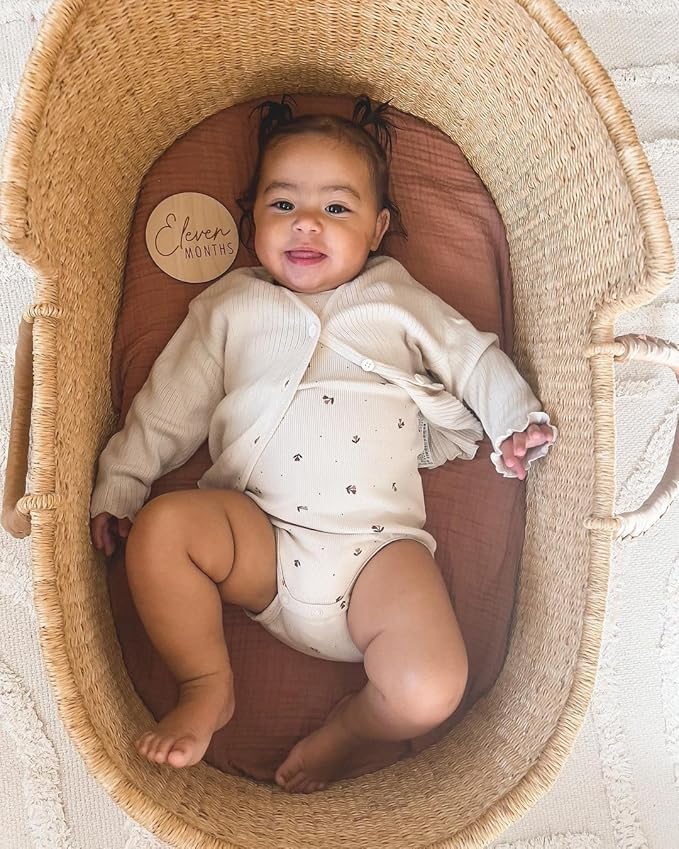 Bassinet Sheet for Baby Boy and Girl 2 Pack, Fitted Sheets for Rectangle, Oval, Hourglass Bassinet Mattress, Muslin Moses Basket Sheets with Neutral Style (Brick & Leaf)