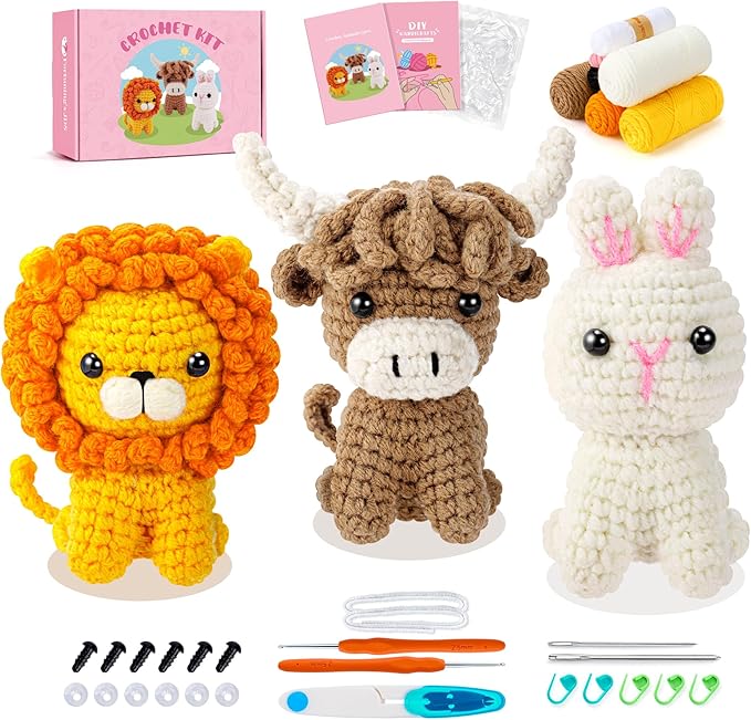 Crochet Kit for Beginners, Amigurumi Crochet Animal Kits, Crocheting Kit for Starters Adult Kids with Step-by-Step Video Tutorials, Animal Kits with Highland Cow, Lion, Bunny