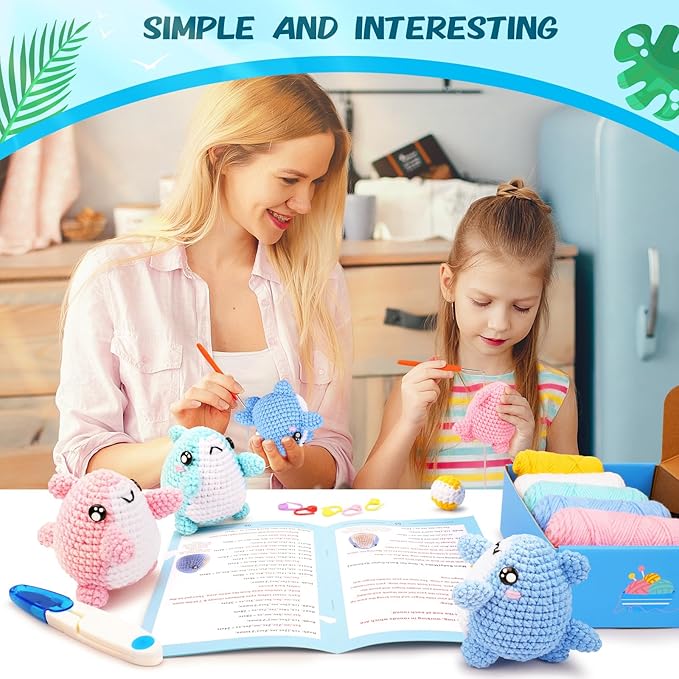 Crochet Kit for Beginners -3 PCS Sharks with a Ball Crochet Kit with Step-by-Step Video Tutorials, Beginner Crochet Kits for Adults Kids, Crochet Animal Kit, Shark Beach Party Crocheting Set