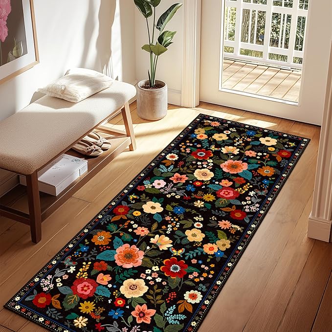 Floral 2x6 Area Rug Machine Washable Soft Print Boho Carpet Non Slip Doormat Low Pile Flower Area Rugs for Living Room Bedroom Nursery Kitchen Dining Room Indoor-Black