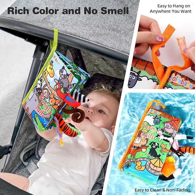Jollybaby 2 PCS Sensory Touch and Feel Crinkle Books for Baby 0-6 Months, Jungle Farm Tails Montessori Car Set Toys for Tummy Time Newborn 6-12, Soft Fabric Cloth Books for Infant 1 Year Old Gift