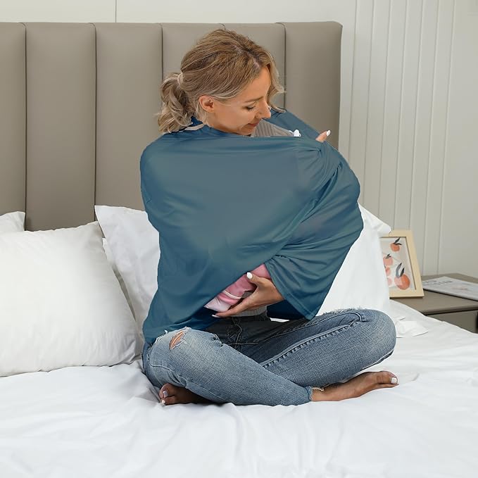 Breathable Car Seat Cover for Babies – Multi-Purpose Soft Rayon Nursing Cover for Breastfeeding, High Stretchy Infant Carseat Canopy, Stroller Cover (Smooth Rayon, Blue)