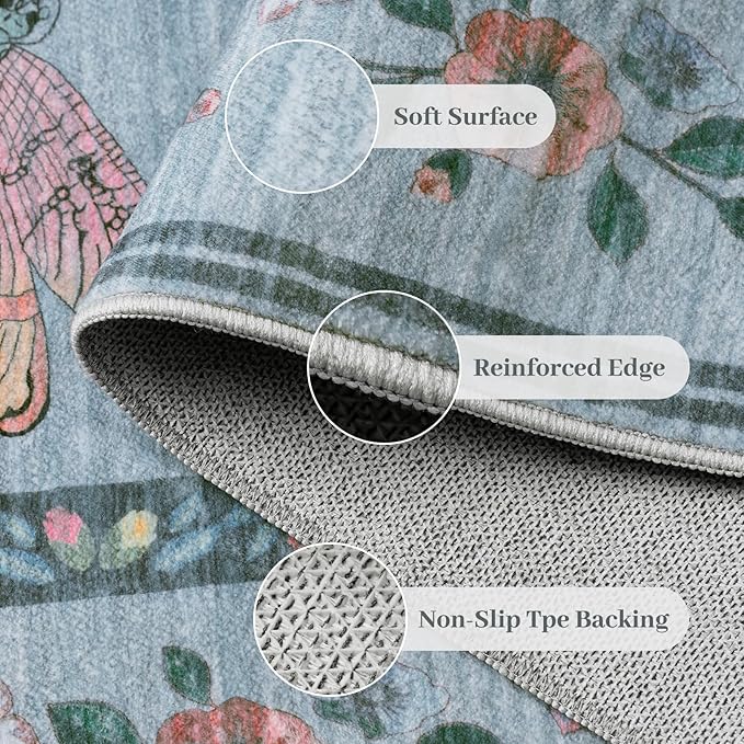 4ft Washable Round Rug - Bug Rugs for Living Room Non-Slip Low Pile Soft Ultra-Thin Machine Washable Circle Carpet for Bedroom, Entryway, Nursery, Kitchen, Home Office (4' Round Blue)