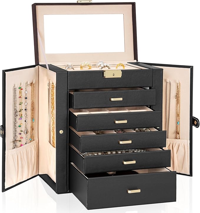 AKOZLIN Large 6-Tier Jewelry Box Lockable Leather Jewelry Storage Case with 5 Drawers for Women Girls Ring Necklace Earring Bracelet Holder Organizer with Mirror