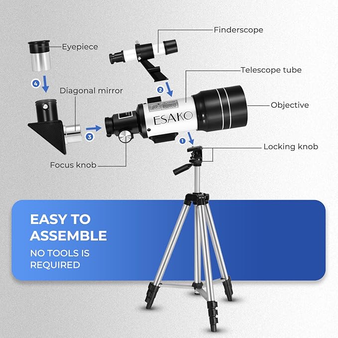 ESAKO Telescope for Kids & Beginners, 70mm Aperture Portable Telescopes with 3 Eyepieces, Height Adjustable Tripod & Phone Adapter & Remote Control