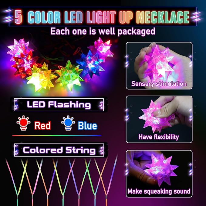 70 PCS Flashing Crystal Star Glow Necklaces Bulk Light up Party Favors, LED Glow in The Dark for Kids Adults Birthday Glow Party Rave Halloween Goodie Bags Filler