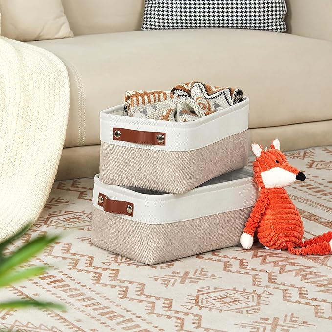 DULLEMELO Collapsible Fabric Storage Bins - Set of 2, 11.8x7.9x5.1 Inch, White & Khaki