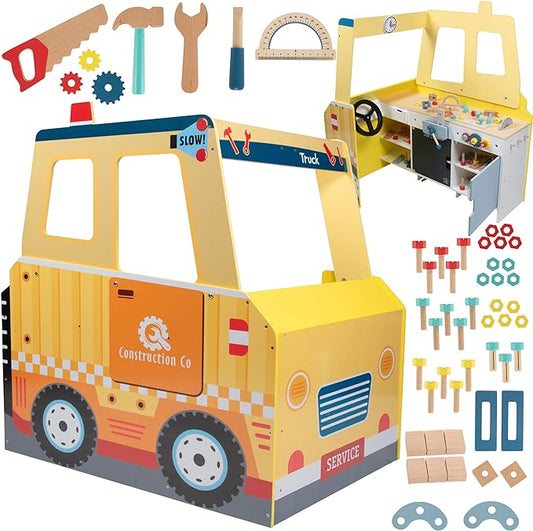 Construction Truck Wooden Playset w 60+ Toy Pieces- Pretend Hammer Saw Bolts & Screws- Spinning Turn Saw, Steering Wheel, Wood to Pull Apart- Dual Sided Play Stand Center, Workbench Building Kids Gift