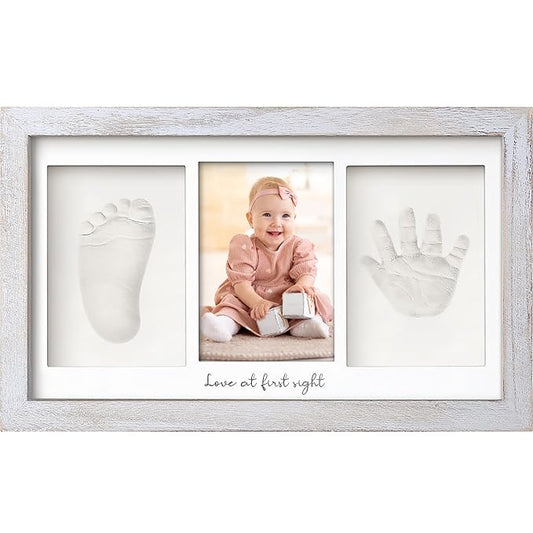 Baby Hand and Footprint Kit - Clay Handprint Keepsake Frame, Newborn Nursery Picture Frame, Personalized New Mom Gifts for Baby Shower & Registry (Vintage Gray)