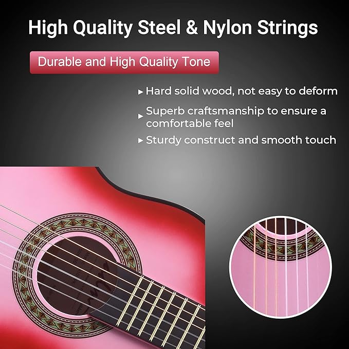 ADM Beginner Acoustic Classical Guitar 30 Inch Nylon Strings Wooden Guitar Bundle Kit for Kid Boy Girl Student Youth Guitarra Online Lessons with Gig Bag, Strap, Tuner, Extra Strings, Picks,Pink 1