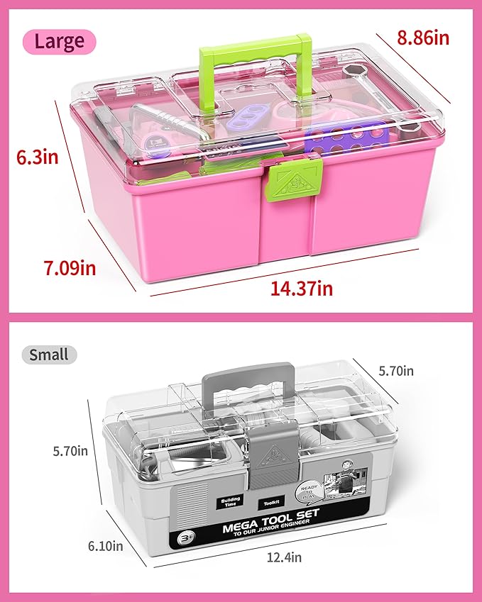 Deejoy 54Pcs Large Kids Tool Set with Electric Saw & Electronic Toy Drill, Pretend Play Kids Construction Set for Toddler 3-5 Years Old, Toddler Tool Set-Pink