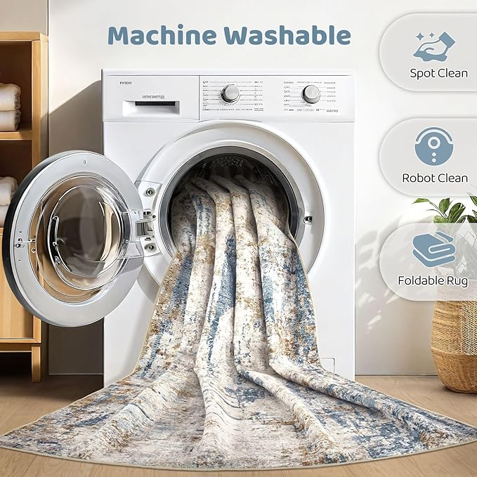 8x10 Area Rugs Washable Rug: Large Abstract Modern Soft Stain Resistant Indoor Floor Non Slip Accent Carpet for Living Room Bedroom Nursery Playroom Office Dining Room Dorm Home House Decor- Tan