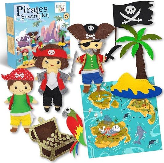 CRAFTILOO Pirates Pre-Cut Fun Kids Sewing Kit for Kids Ages 8-12 Children Beginners Sewing kit Kid Crafts Make Your Own Felt Pillow Plush Craft Kit Girls and Boys Art Craft Kits Learn to Sew Kit