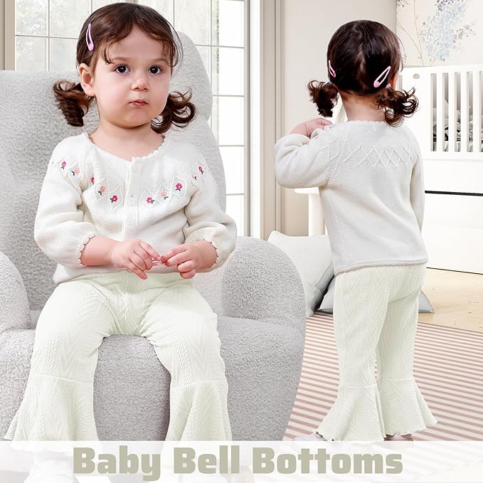 2 Pack Toddler Baby Girl Pants Flare Leggings Ribbed Knit Newborn Bell Bottoms Solid Ruffle Infant Pants for Girls
