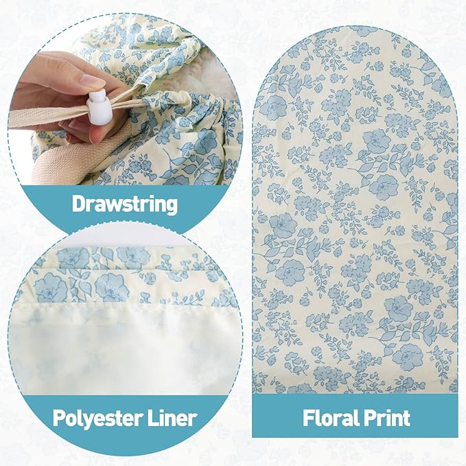 College Laundry Bag, Dirty Clothes Laundry Bag With Drawstring Handles For College Dorm Laundromat Apartment Travel Camp 29" X 18" Women Girls Back To School Birthdays Gift, Blue Florals