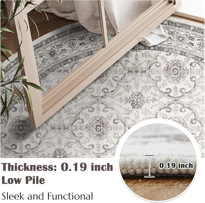 jinchan Round Rug 7ft Washable Circle Soft Rug - Low Pile Vintage 7'Round Indoor Beige Floral Print Stain Resistant Boho Carpet Ultra-Thin Non-Slip for Living Room Bedroom Dining Room Kitchen