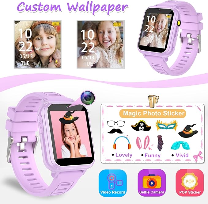 Kids Smart Watch Girls Gifts for Age 5-12, 24 Puzzle Games HD Touch Screen Watches with Video Camera Music Player Pedometer Flashlight 12/24 hr Birthday Gift 6 7 8 Year Old Girl