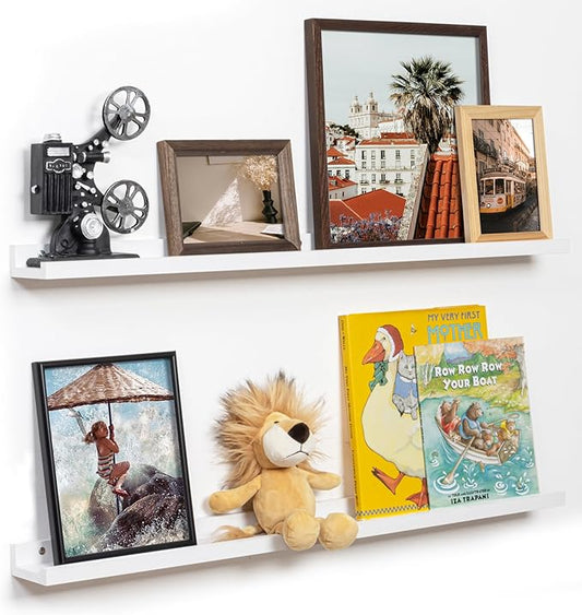 Fun Memories Picture Ledge Shelf, 36 Inch Floating Shelves Set of 2, Nursery Book Shelves for Toys Storage, Kids Bookshelf Wall Mounted for Wall Decor Books Photo Frames, White